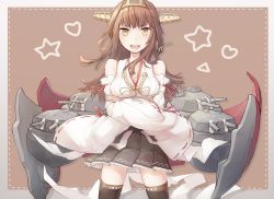 Rule 34 | 10s, 1girl, bad id, bad pixiv id, border, breast hold, breasts, brown background, brown eyes, brown hair, cannon, cowboy shot, crossed arms, detached sleeves, double bun, doyou tengoku pikaraji, gunbuster pose, headgear, heart, kantai collection, kongou (kancolle), long hair, looking at viewer, mecha musume, miniskirt, nontraditional miko, open mouth, pleated skirt, ribbon-trimmed sleeves, ribbon trim, skirt, smile, solo, star (symbol), thighhighs, triangle, turret