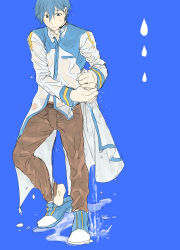 Rule 34 | 1boy, belt, blue background, blue eyes, brown pants, creamyya, eyebrows, full body, headset, highres, kaito (vocaloid), looking down, male focus, pants, scarf, solo, vocaloid, water, wet, wet clothes, wet hair, wringing clothes