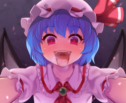 Rule 34 | 1girl, blue hair, breath, collarbone, female focus, hair between eyes, hat, hat ribbon, highres, km (nijie104352), mob cap, open mouth, red eyes, red ribbon, remilia scarlet, ribbon, short sleeves, solo, teeth, tongue, tongue out, touhou, upper body, uvula, wings