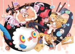 Rule 34 | 10s, 2girls, ^ ^, animal hat, bad id, bad pixiv id, blonde hair, candy, charlotte (madoka magica), closed eyes, cup, drill hair, food, hat, highres, magical girl, mahou shoujo madoka magica, mahou shoujo madoka magica: hangyaku no monogatari, maruneko, momoe nagisa, multiple girls, multiple persona, open mouth, pantyhose, pocky, print legwear, smile, striped clothes, striped thighhighs, suspenders, teacup, teapot, thighhighs, tomoe mami, tongue, tongue out, twin drills, white hair, yellow eyes