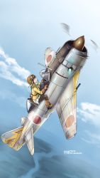 Rule 34 | 1girl, above clouds, aircraft, airplane, artist name, belt pouch, black pantyhose, blue sky, boots, brown hair, clenched teeth, cloud, cockpit, dated, day, emblem, flying, goggles, goggles on headwear, helmet, highres, jacket, nakajima ki-44, original, pantyhose, pleated skirt, pouch, propeller, river, skirt, sky, smirk, solo, teeth, tokihama jirou, vehicle focus, world war ii, yellow eyes