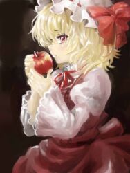 Rule 34 | 1girl, adapted costume, apple, arika (198906nk), black background, blonde hair, closed mouth, flandre scarlet, food, from side, fruit, hat, holding, holding food, holding fruit, juliet sleeves, long sleeves, looking at viewer, looking to the side, medium hair, mob cap, neck ribbon, puffy sleeves, red apple, red eyes, red ribbon, red skirt, red vest, ribbon, ribbon-trimmed headwear, ribbon trim, simple background, skirt, solo, touhou, vest, white hat, wide sleeves