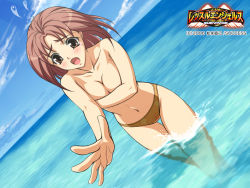 Rule 34 | 1girl, beach, bikini, blush, breast hold, breasts, brown eyes, brown hair, covering privates, covering breasts, day, embarrassed, fujishima hitomi, long hair, ocean, outdoors, solo, sweatdrop, swimsuit, tears, topfreedom, topless, wading, water, wrestle angels, wrestle angels survivor, yellow bikini