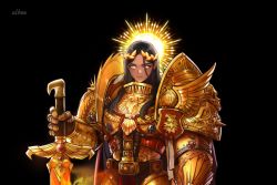 Rule 34 | 1girl, armor, black hair, closed mouth, emperor of mankind, flaming eye, flaming sword, flaming weapon, gauntlets, gold armor, halo, holding, holding sword, holding weapon, simple background, sword, warhammer 40k, weapon