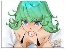 Rule 34 | 1girl, bikini, black bikini, blue eyes, closed mouth, commentary, condom, condom in mouth, curly hair, english commentary, from above, green hair, highres, hu dako, looking at viewer, mouth hold, one-punch man, patreon username, short hair, smile, solo, swimsuit, tatsumaki