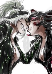 Rule 34 | 10s, 2girls, animal ears, black hair, bodysuit, breasts, catsuit, cleavage, closed mouth, crocodilian girl, evyngr, eye contact, face-to-face, fingerless gloves, forehead tattoo, from below, from side, gloves, green hair, grey hair, grin, hand on another&#039;s shoulder, hand up, heart, high ponytail, highres, hippopotamus (kemono friends), hippopotamus ears, kemono friends, long hair, long sleeves, looking at another, medium breasts, multicolored hair, multiple girls, no bra, ponytail, red hair, saltwater crocodile (kemono friends), sharp teeth, simple background, sketch, smile, spoken heart, teeth, translated, two-tone hair, unzipped, upper body, white background, yellow eyes