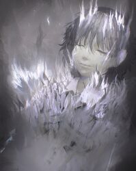 Rule 34 | 1boy, burning, closed eyes, collared shirt, expressionless, fire, grey background, grey hair, grey theme, highres, huminsho, limited palette, male focus, original, purple fire, shirt, short hair, sketch, solo, tearing up, upper body