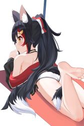 Rule 34 | 1girl, absurdres, animal ear fluff, animal ears, barefoot, bikini, black choker, black hair, black jacket, blush, braid, choker, commentary request, feet, foot out of frame, foot up, hair between eyes, highres, hololive, jacket, long hair, lying, multicolored hair, oksuri, on stomach, ookami mio, ookami mio (hololive summer 2019), open clothes, open jacket, ponytail, red hair, sidelocks, single braid, soles, solo, streaked hair, swimsuit, tail, toes, virtual youtuber, white bikini, wolf ears, wolf girl, wolf tail, yellow eyes