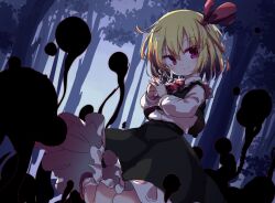 Rule 34 | 1girl, ascot, black skirt, black vest, blonde hair, closed mouth, commentary, darkness, forest, frilled skirt, frills, hair ribbon, isu (is88), long sleeves, looking at viewer, nature, outdoors, own hands together, red ascot, red eyes, red ribbon, ribbon, rumia, shirt, short hair, skirt, smile, solo, touhou, vest, white shirt