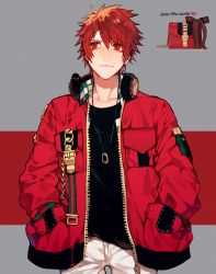 Rule 34 | 1boy, bad id, bad pixiv id, black shirt, chain, closed mouth, collarbone, grey background, hand in pocket, headphones, headphones around neck, headphones removed, highres, ittoki otoya, jacket, jewelry, long sleeves, looking away, looking up, male focus, multicolored background, nahonanaho, necklace, open clothes, open jacket, pants, pocket, red background, red eyes, red hair, red jacket, shirt, short hair, smile, solo, standing, undershirt, uta no prince-sama, white pants, zipper