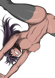 Rule 34 | abs, absurdres, black thighhighs, bleach, breasts, commentary, dark skin, highres, long hair, looking at viewer, muscular, muscular female, naughty face, purple hair, pussy, shihouin yoruichi, simple background, soyuz001, spread legs, teeth, thighhighs, toned
