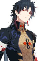 Rule 34 | 1boy, bandaged arm, bandages, black hair, black jacket, blade (honkai: star rail), blood, chinese clothes, earrings, highres, honkai: star rail, honkai (series), jacket, jewelry, looking at viewer, male focus, multicolored hair, red eyes, red hair, shirt, solo, tassel, tassel earrings, unhappy, yellow shirt, zangyaacco