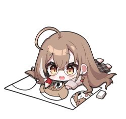 Rule 34 | 1girl, :d, ahoge, berry, brown eyes, brown hair, brown hoodie, brown skirt, chibi, crossed bangs, double-parted bangs, drawing (object), earrings, eraser, food-themed earrings, holding, holding pencil, hololive, hololive english, hood, hoodie, jewelry, kiwipodo78, long hair, long skirt, lying, multicolored hair, nanashi mumei, nanashi mumei (casual), official alternate costume, on stomach, open mouth, paper, pencil, plaid, plaid skirt, skirt, sleeves past wrists, smile, streaked hair, very long hair, virtual youtuber, wide sleeves