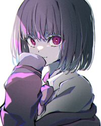 1girl absurdres black_hair black_jacket bob_cut bow bowtie closed_mouth collared_shirt commentary_request from_side gridman_universe hair_between_eyes highres jacket looking_at_viewer natsume_hinako purple_bow purple_bowtie red_eyes shinjou_akane shirt short_hair simple_background sleeves_past_fingers sleeves_past_wrists smile solo ssss.gridman upper_body white_background white_shirt