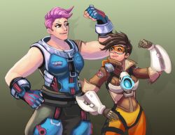Rule 34 | 2girls, brown hair, faebelina, flexing, goggles, multiple girls, overwatch, overwatch 1, pink hair, popped collar, scar, sleeveless, smile, spiked hair, tracer (overwatch), upper body, zarya (overwatch)