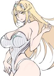 Rule 34 | 1girl, arm up, blonde hair, breasts, casual one-piece swimsuit, chest jewel, choker, cleavage, core crystal (xenoblade), cowboy shot, diamond cutout, earrings, highleg, highleg swimsuit, highres, jewelry, large breasts, long hair, looking at viewer, mythra (radiant beach) (xenoblade), mythra (xenoblade), official alternate costume, one-piece swimsuit, ribbed swimsuit, simple background, sketch, solo, strapless, strapless one-piece swimsuit, striped clothes, striped one-piece swimsuit, swept bangs, swimsuit, thick thighs, thighs, tiara, ug333333, vertical-striped clothes, vertical-striped one-piece swimsuit, white choker, white one-piece swimsuit, xenoblade chronicles (series), xenoblade chronicles 2, yellow eyes