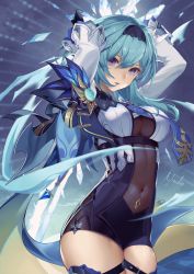 Rule 34 | 1girl, absurdres, arms up, black hairband, blue hair, blue necktie, breasts, cape, cleavage, commentary request, covered navel, eula (genshin impact), genshin impact, gloves, hair ornament, hairband, highres, huge filesize, leotard, long sleeves, looking at viewer, medium breasts, medium hair, navel, necktie, ninelie, open mouth, purple eyes, solo, thigh strap, thighs, vision (genshin impact)