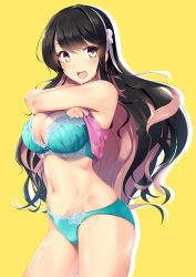 Rule 34 | 1girl, alternate costume, aqua bra, aqua panties, armpits, black hair, blush, bra, breasts, cleavage, commentary request, cowboy shot, flower, frilled bra, frills, hair between eyes, hair ribbon, hassen (8cm), kantai collection, large breasts, lingerie, long hair, looking at viewer, multicolored hair, naganami (kancolle), navel, open mouth, panties, pink hair, ribbon, simple background, smile, solo, standing, two-tone hair, underwear, undressing, wavy hair, yellow eyes
