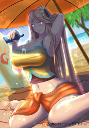 Rule 34 | 1girl, arm up, armpits, bikini, blonde hair, blush, breasts, cleavage, curvy, female focus, hair ornament, highres, huge breasts, large breasts, league of legends, leona (league of legends), long hair, looking at viewer, navel, red eyes, sitting, smile, solo, swimsuit, tagme, torahimemax, very long hair, wide hips