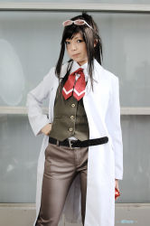 Rule 34 | 1girl, :t, ace attorney, apollo justice ace attorney, asian, black hair, blue eyes, capcom, color contacts, cosplay, ema skye, ema skye (cosplay), eyewear on head, hand on own hip, lab coat, long hair, looking at viewer, namada, outdoors, photo (medium), solo, sunglasses, vest