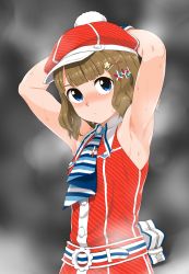 Rule 34 | 1girl, absurdres, armpits, blue eyes, blush, brown hair, butakoma 300g, closed mouth, hair ornament, hairclip, hat, highres, jelly pop beans, looking at viewer, necktie, short hair, simple background, solo, suou momoko, sweat, upper body, x hair ornament