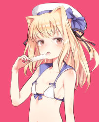 Rule 34 | 1girl, animal ears, bare shoulders, bikini, blonde hair, blue bow, blush, bow, breasts, brown eyes, cat ears, collarbone, commentary request, eating, food, front-tie bikini top, front-tie top, hand up, hat, long hair, looking at viewer, original, pink background, popsicle, sailor collar, shimada fumikane, simple background, small breasts, solo, swimsuit, tongue, tongue out, upper body, white bikini, white hat
