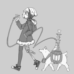 Rule 34 | 1girl, akabashira (unholywars12), amputee, bikko, black thighhighs, borrowed character, coat, dog, eyepatch, full body, greyscale, highres, hookah, monochrome, multicolored hair, original, prosthesis, prosthetic leg, shoes, short hair, simple background, single thighhigh, sneakers, solo, thighhighs, two-tone hair