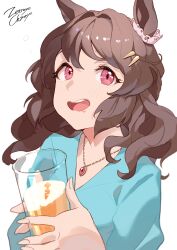 Rule 34 | 1girl, absurdres, animal ears, aqua shirt, artist name, blush, breasts, brown hair, cup, hair ornament, hairclip, highres, holding, holding cup, horse ears, jewelry, light hello (umamusume), long hair, long sleeves, looking at viewer, open mouth, pendant, pink eyes, saliva, shirt, simple background, small breasts, smile, solo, umamusume, upper body, white background, zetsuyo chimayo