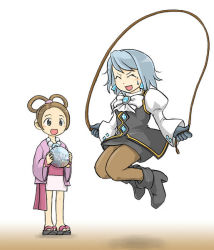 Rule 34 | 2girls, ace attorney, blush, boots, brown hair, capcom, e saiba, earrings, embarrassed, closed eyes, female focus, franziska von karma, gloves, japanese clothes, jewelry, jump rope, kimono, md5 mismatch, mole, multiple girls, open mouth, pearl fey, sandals, silver hair, skirt, sweat, whip