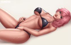 Rule 34 | 10s, 1girl, bikini, black bikini, blue eyes, breasts, covered erect nipples, final fantasy, final fantasy xiii, flowerxl, highres, large breasts, lightning farron, looking at viewer, lying, on back, pink hair, smile, solo, swimsuit, thighs, waifu2x, water, wet