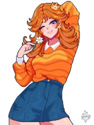 Rule 34 | 1girl, absurdres, arm up, artist name, blush, breasts, cowboy shot, crown, earrings, flower, highres, holding, holding flower, jewelry, long hair, looking at viewer, mario (series), mini crown, nintendo, one eye closed, orange hair, parted lips, pixel art, princess daisy, simple background, skirt, white background, yumykon