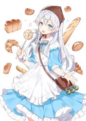 Rule 34 | 1girl, apron, bag, blush, blustone, bow, bowtie, bracelet, bread, croissant, dress, explosive, food, frilled apron, frilled dress, frills, grenade, headdress, highres, holding, jewelry, ladle, long hair, looking at viewer, melon bread, open mouth, ronopu, round teeth, short sleeves, shoulder bag, silver hair, simple background, solo, standing, star (symbol), striped bow, striped bowtie, striped clothes, striped neckwear, teeth, tyltyl (blustone), white apron, white background