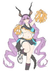 Rule 34 | 1girl, alternate costume, arknights, breasts, cheerleader, commentary, english commentary, female pubic hair, highres, holding, holding pom poms, horns, long hair, looking at viewer, midriff, mismatched pubic hair, navel, nipples, pom pom (cheerleading), pom poms, pubic hair, purple hair, skirt, sokolov (sylviasokolova), solo, tail, thighs, typhon (arknights), underboob
