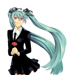 Rule 34 | 1girl, aqua hair, flower, formal, hair ribbon, hatsune miku, long hair, miho (mi), necktie, red eyes, ribbon, saihate (vocaloid), simple background, skirt, solo, suit, tears, twintails, very long hair, vocaloid