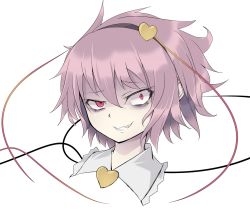 Rule 34 | 1girl, arai togami, mismatched irises, bags under eyes, crazy eyes, grin, hairband, heart, komeiji satori, looking at viewer, pink eyes, portrait, purple hair, smile, solo, touhou, uneven eyes, upper body