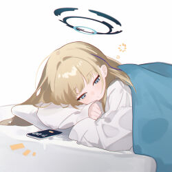 Rule 34 | 1girl, :o, absurdres, blonde hair, blue archive, blue eyes, cellphone photo, commentary, eco 376124, halo, highres, lying, notice lines, on side, shirt, sleepy, solo, squeans, toki (blue archive), under covers, waking up, white shirt
