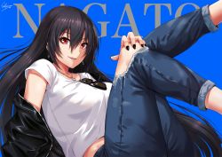 Rule 34 | 1girl, black hair, black jacket, black nails, black pants, blue background, blush, breasts, character name, denim, earrings, eyewear hang, unworn eyewear, hair between eyes, jacket, jeans, jewelry, kantai collection, large breasts, leaning back, legs up, long hair, looking at viewer, nagato (kancolle), nail polish, off shoulder, open clothes, open jacket, open mouth, pants, red eyes, sakiyamama, shirt, sitting, smile, solo, sunglasses, t-shirt, thighs, torn clothes, white shirt