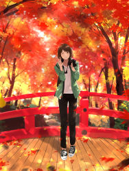 Rule 34 | 1girl, autumn, autumn leaves, backpack, bag, black footwear, black pants, bridge, brown eyes, brown hair, camera, commentary request, converse, day, falling leaves, forest, green jacket, hands up, holding, holding camera, jacket, leaf, long sleeves, looking at viewer, maple leaf, nature, negative space, one eye closed, open clothes, open jacket, original, outdoors, pants, parted lips, river, shadow, shirt, shoes, short hair, smile, sneakers, solo, somehira katsu, standing, strap, swept bangs, teeth, tree, v, white shirt, wide shot
