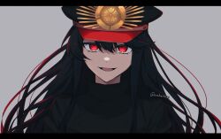 1girl absurdres black_coat black_hair black_hat coat fate/grand_order fate_(series) grey_background hat highres long_hair military_hat oda_nobunaga_(fate) peaked_cap red_eyes simple_background solo upper_body yuzuann