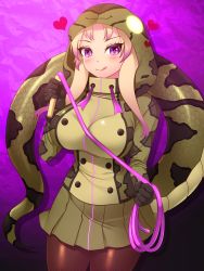 Rule 34 | 1girl, :q, african rock python (kemono friends), animal print, bad id, bad pixiv id, blonde hair, blush, breasts, brown pantyhose, closed mouth, collared jacket, cowboy shot, drawstring, fishnet pantyhose, fishnets, green skirt, hand up, heart, high collar, highres, holding, holding whip, hood, hood up, hooded jacket, impossible clothes, impossible jacket, jacket, kemono friends, licking lips, long hair, long sleeves, looking at viewer, miniskirt, multicolored hair, pantyhose, print jacket, purple eyes, purple hair, skirt, smile, snake print, snake tail, solo, tail, tongue, tongue out, totokichi, two-tone hair, whip, zipper