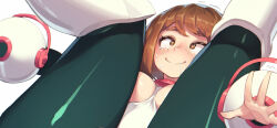 Rule 34 | bodysuit, boku no hero academia, brown eyes, brown hair, closed mouth, drooling, folded, heart, heart-shaped pupils, highres, implied sex, lying, on back, paid reward available, pepper0, rolling eyes, simple background, sweat, symbol-shaped pupils, uraraka ochako, white background