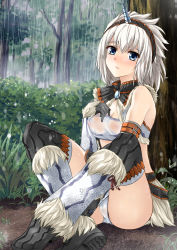 Rule 34 | 1girl, armor, bad id, bad pixiv id, bare shoulders, blue eyes, blush, boots, breasts, cleavage, closed mouth, day, embarrassed, full body, fur trim, gauntlets, grass, grey hair, hairband, hand on own chest, hand up, highres, horns, kirin (armor), knees up, kuon makoto, long hair, looking at viewer, medium breasts, midriff, monster hunter (series), nipples, nose blush, outdoors, panties, rain, see-through, shoe soles, single horn, sitting, solo, strapless, thighhighs, tube top, underwear, wet, wet clothes, wet face, wet panties, white panties