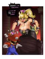 Rule 34 | 1boy, 1girl, bad id, bad twitter id, black dress, bowsette, breasts, cleavage, dress, hard-degenerate, highres, large breasts, mario, mario (series), new super mario bros. u deluxe, nintendo, size difference, super crown, tail
