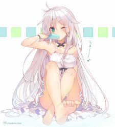 Rule 34 | 1girl, anceril sacred, barefoot, blush, dress, eating, feet, food, foreshortening, green eyes, long hair, looking at viewer, mishima kurone, mouth hold, one eye closed, original, popsicle, sitting, solo, strap slip, toe scrunch, toes, twitter username, very long hair, white hair