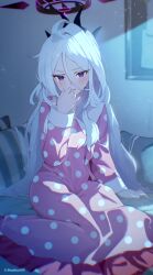 Rule 34 | 1girl, ahoge, arm support, bed, bed sheet, bedroom, blue archive, blurry, commentary request, crying, crying with eyes open, demon girl, demon horns, depth of field, hair between eyes, halo, highres, hina (blue archive), hina (pajamas) (blue archive), horns, indoors, long hair, long sleeves, looking at viewer, official alternate costume, on bed, pajamas, parted bangs, parted lips, pillow, pink pajamas, polka dot, polka dot pajamas, purple eyes, sidelocks, sitting, solo, streaming tears, tears, wariza, wavy hair, white hair, zakkuri
