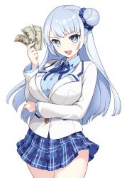 Rule 34 | 1girl, blue eyes, blue ribbon, blue scrunchie, blue shirt, blue skirt, breasts, commentary request, copyright request, gomashio ponz, hair bun, hair ornament, hair scrunchie, highres, holding, holding money, jacket, large breasts, long hair, long sleeves, looking at viewer, money, nijisanji, open mouth, ribbon, scrunchie, setsuna (2nd costume) (nijisanji), setsuna (nijisanji), shirt, simple background, single hair bun, skirt, smile, solo, virtual youtuber, white background, white jacket