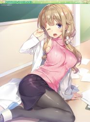 Rule 34 | 1girl, ;o, absurdres, arm support, armpits, artist name, bare shoulders, black pantyhose, blue footwear, blunt bangs, blush, breasts, brown hair, chalkboard, dengeki moeou, fallen down, flower, hair flower, hair ornament, hair over shoulder, highres, indoors, jacket, long hair, long sleeves, looking at viewer, low ponytail, medium breasts, off shoulder, one eye closed, open clothes, open jacket, open mouth, pantyhose, pantylines, paper, pencil skirt, pink sweater, purple eyes, purple skirt, scan, shiny clothes, skirt, solo, sweater, tareme, turtleneck, turtleneck sweater, unbuttoned, white flower, white jacket, yuuki hagure
