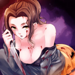 Rule 34 | 1girl, arm support, bare shoulders, bishoujo terror, black tank top, blood, blood on clothes, blood on face, bloody weapon, breasts, brown hair, cleavage, commentary request, covered erect nipples, genderswap, genderswap (mtf), glint, grey jumpsuit, halloween (movie), high ponytail, highres, holding, holding knife, jack-o&#039;-lantern, jumpsuit, knife, large breasts, lipstick, long hair, looking at viewer, makeup, michael myers, off-shoulder jacket, off-shoulder shirt, off shoulder, parted bangs, parted lips, purple background, purple lips, shirt, solo, tank top, watarui, weapon, wet, wet hair, yellow eyes
