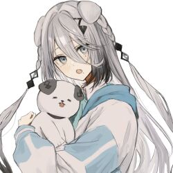 Rule 34 | 1girl, :o, animal, animal ears, braid, dog, dog ears, grey eyes, grey hair, hair between eyes, hair ornament, highres, holding, holding animal, jacket, kemonomimi mode, long hair, long sleeves, looking at viewer, mita (d66886), mole, mole under eye, mole under mouth, nijisanji, simple background, solo, sophia valentine, twin braids, virtual youtuber, white background, white jacket