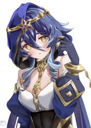 Rule 34 | 1girl, absurdres, bare shoulders, blue hair, blush, bridal gauntlets, circlet, claw ring, drill hair, drill sidelocks, genshin impact, gold choker, gold trim, hair between eyes, highres, komiya latte, layla (genshin impact), pointy ears, puffy sleeves, sidelocks, signature, simple background, solo, twin drills, upper body, white background, yellow eyes